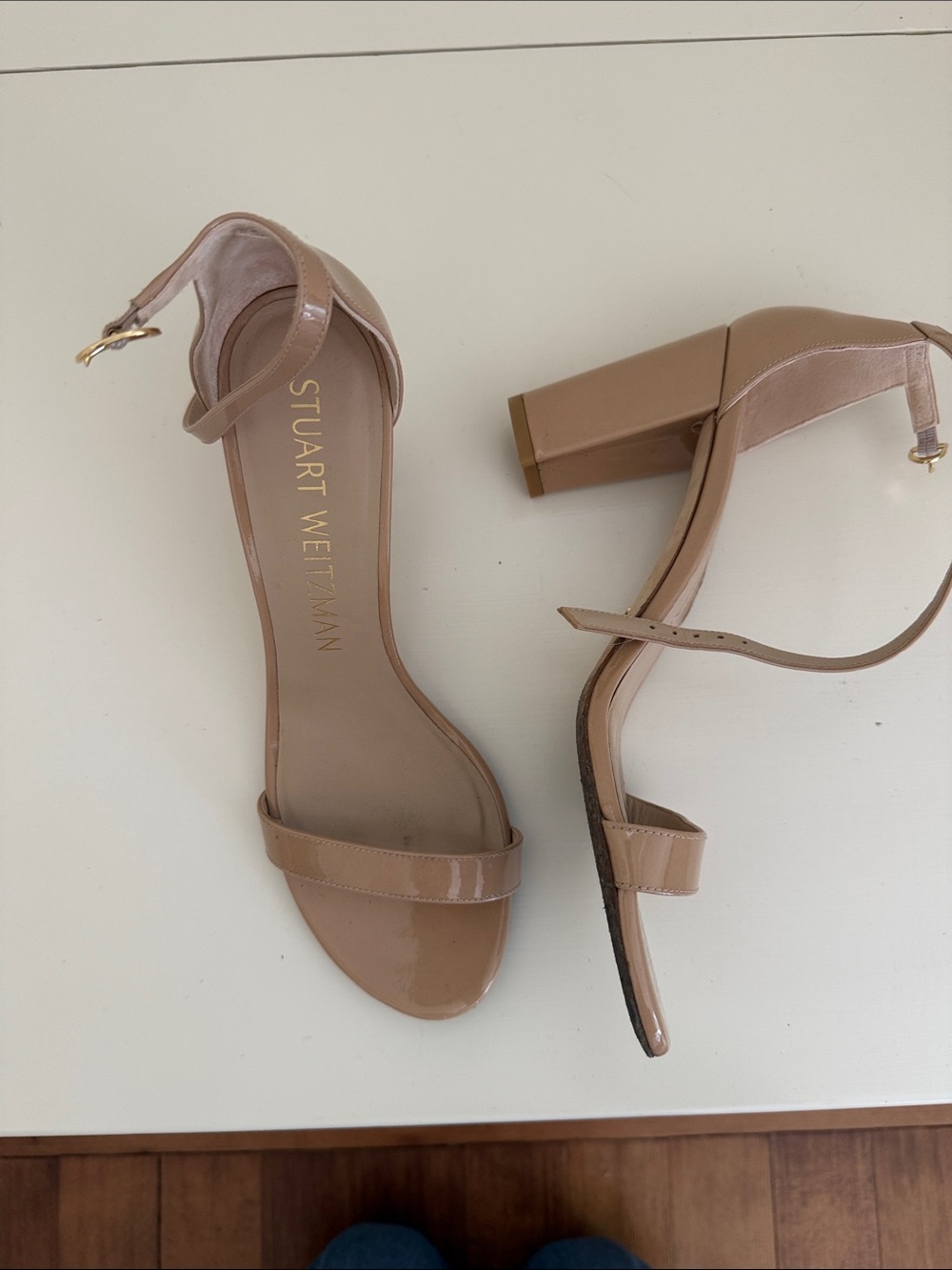 Stuart Weitzman Patent Nude Block Heel Sandals